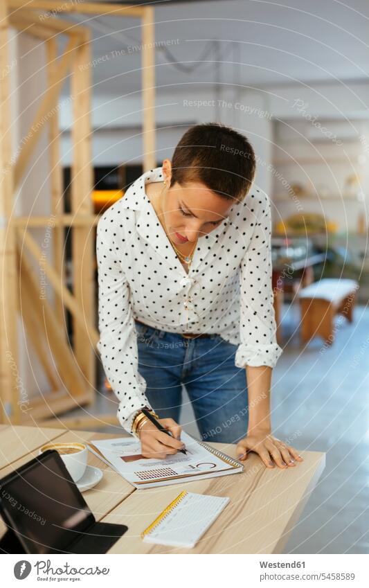 Woman working on draft at desk in office At Work offices office room office rooms woman females women desks workplace work place place of work Adults grown-ups