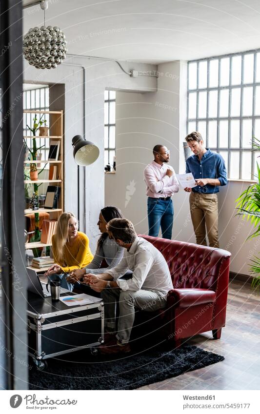 Business team using laptop and discussing documents in loft office discussion business business world business life Laptop Computers laptops notebook paper