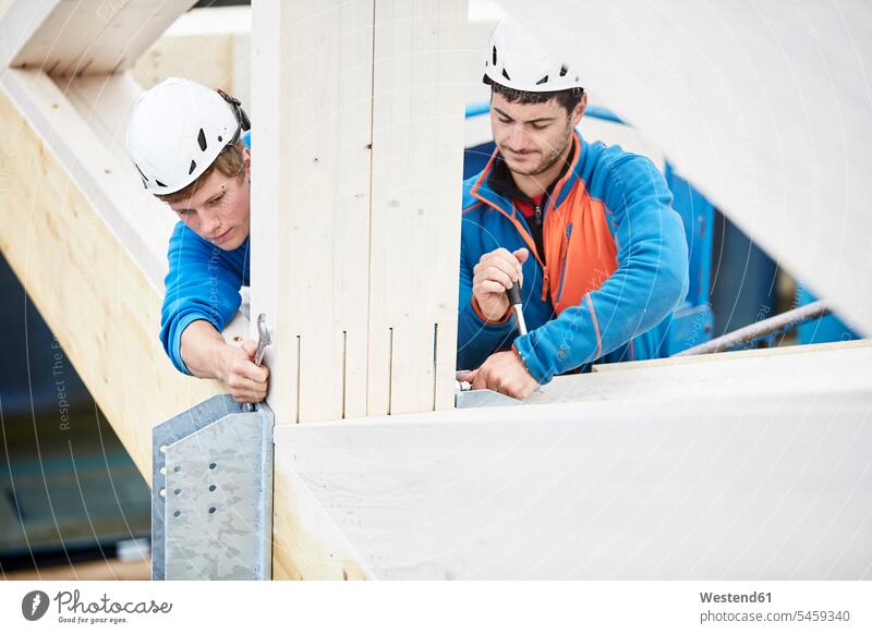 Austria, workers fixing roof construction Job Occupation Work helmet helmets Protective Headwear fastening man men males working At Work Roof fixings fixations