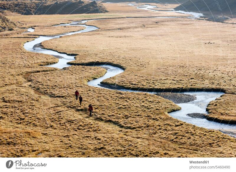 Austria, Tyrol, Stubaital, Hohes Moos in the morning light, three hikers hiking Travel nature experience hill moor raised bog raised moss River Rivers