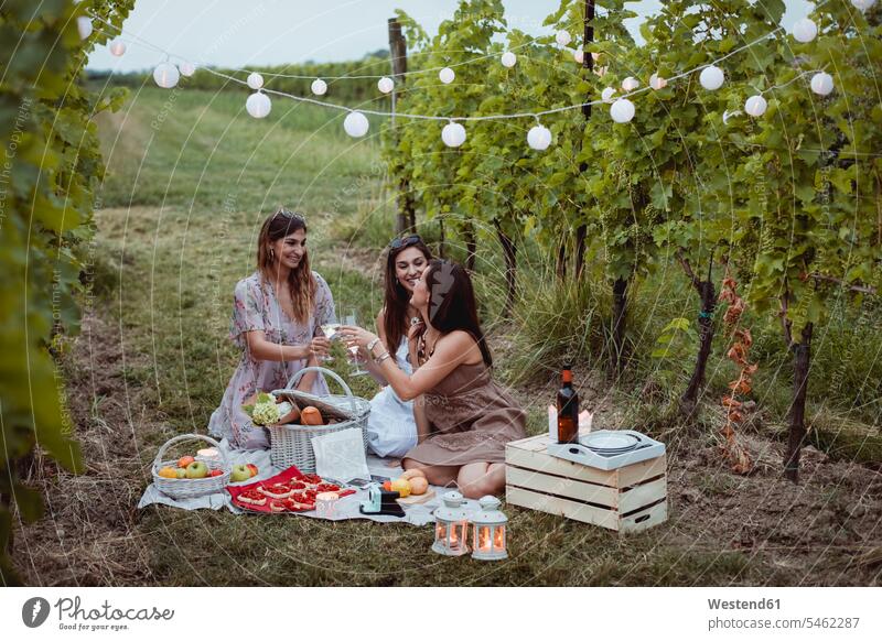 Friends having a summer picnic in vineyard summer time summery summertime toasting clinking cheers Wine drinking Picnic picnicking female friends Alcohol