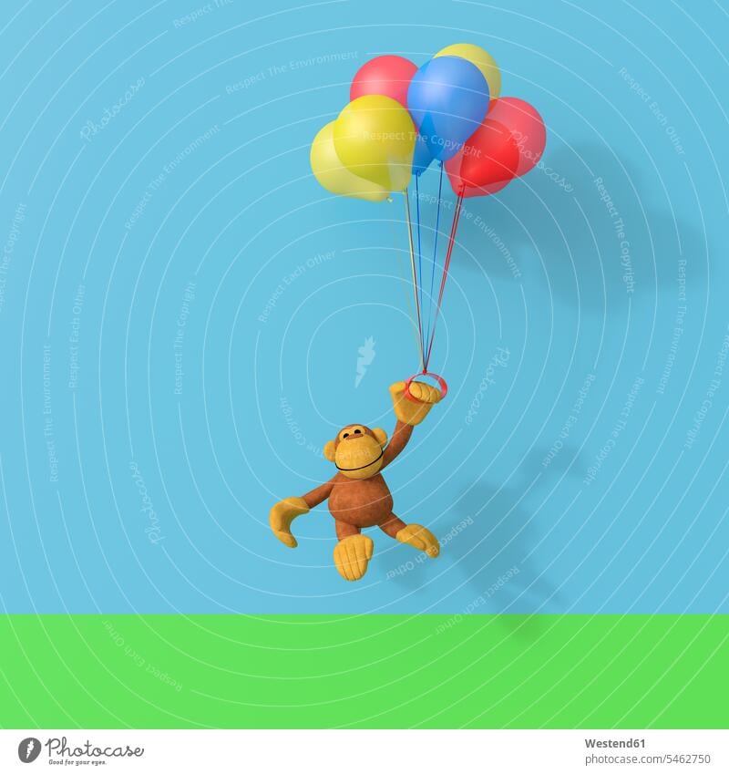 3D rendering, Monkey flying on bunch of balloons Idea Ideas nobody Fun having fun funny hovering floating one animal 1 copy space carefree monkey monkeys Humour