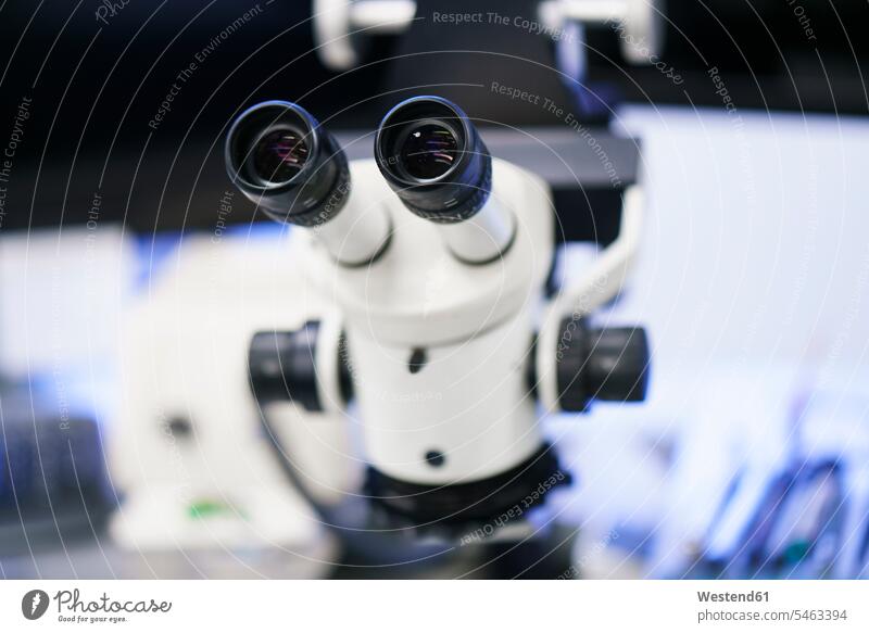 Close-up of white microscope at illuminated laboratory color image colour image indoors indoor shot indoor shots interior interior view Interiors Germany