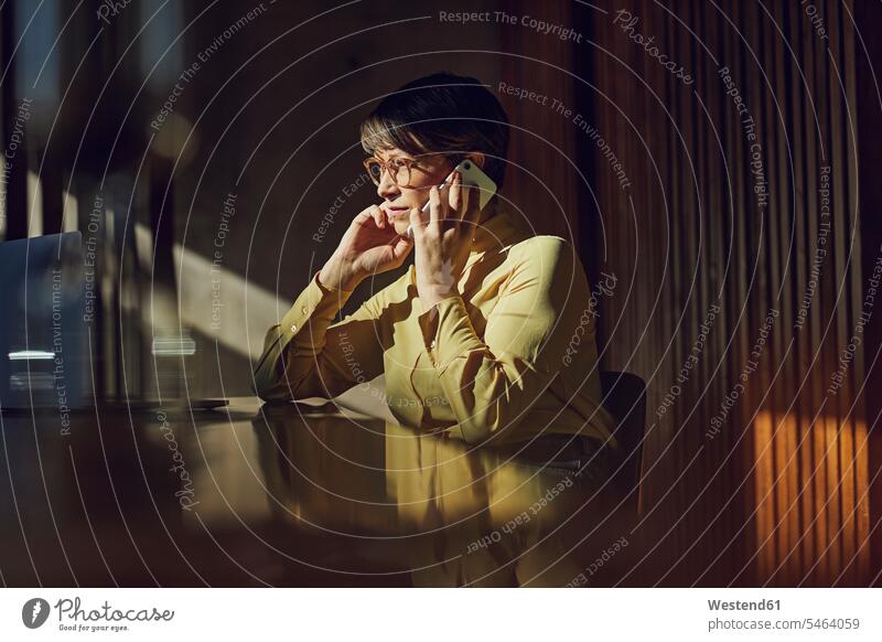 Businesswoman sitting in her sustainable office, talking on the phone Occupation Work job jobs profession professional occupation Tables desks telecommunication