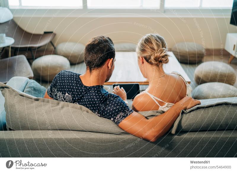 Rear view of couple sitting on couch in living room sharing a tablet couches settee settees sofa sofas Seated relax relaxing relaxation Emotions Feeling