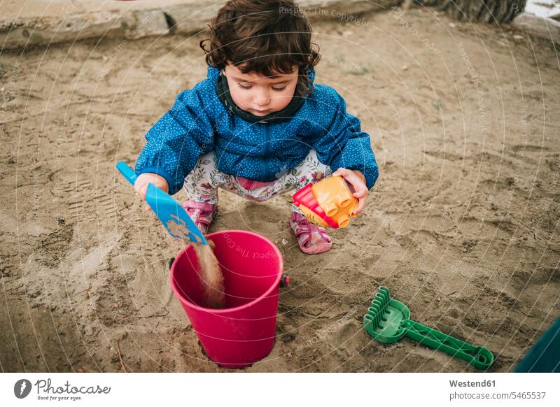 Baby girl playing with sand, shovel and bucket sandbox sandpits sand-box sandboxes sand-boxes toy toys shovels carefree baby girls female babies infants people