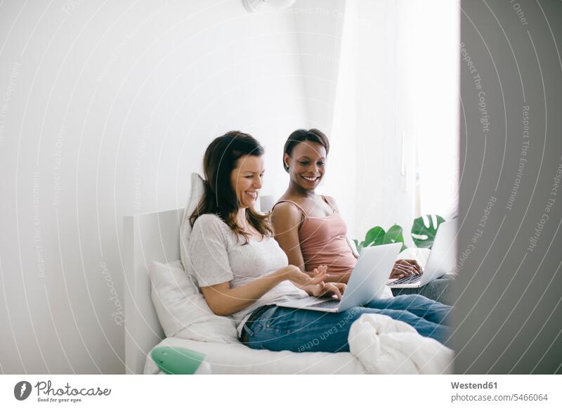 Two happy women lying in bed at home using laptops friends mate female friend human human being human beings humans person persons couples partnership