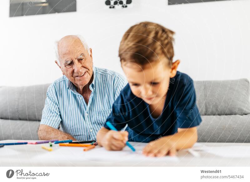 Portrait of smiling grandfather watching his grandson drawing with coloured pencils grandsons portrait portraits grandpas granddads grandfathers smile