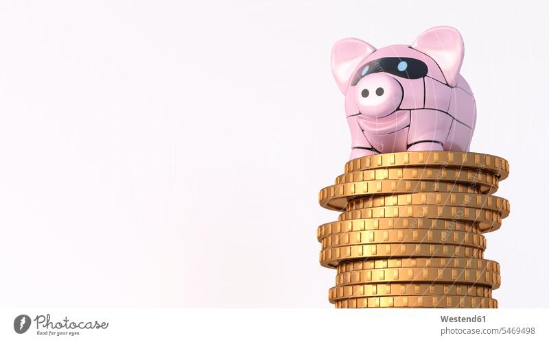 Rendering of pink robot piggy bank on top of stack of coins money boxes savings box savings boxes piggy banks Piggybank masks save colour colours magenta Rosy
