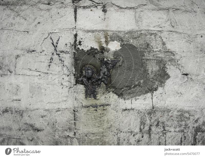 a gray in the gray zone Gray grey in grey Wall (building) Ravages of time Detail Monochrome Subdued colour Black & white photo Old background X Bracket Shadow