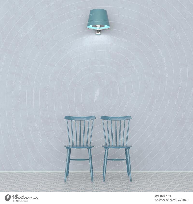 3D rendering, Two chairs in front on wall, lit by wall lamp lamps illuminated lighted Illuminating two objects 2 furnishing Furnishings Pair Pairs marbled