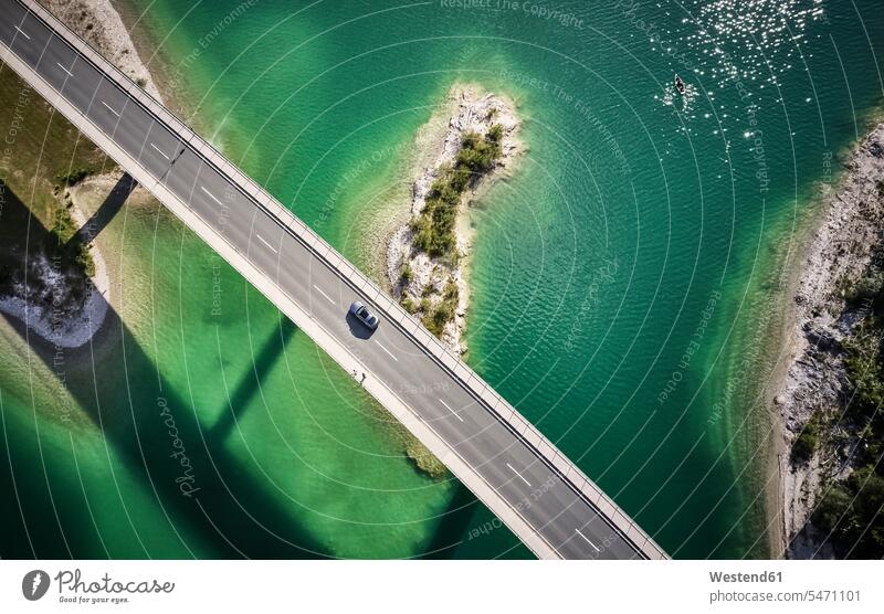 Aerial view of a car crossing a bridge, Sylvenstein Dam, Bavaria, Germany body of water waters lakes dam dammed lake reservoirs storage lake location shot