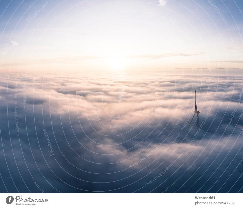 Germany, Aerial view of wind turbine shrouded in clouds at sunrise outdoors location shots outdoor shot outdoor shots aerial view bird's eye view