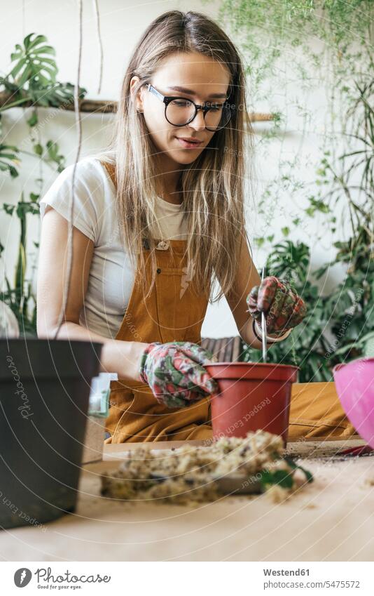 Young woman working at table in a small gardening shop Occupation Work job jobs profession professional occupation flower pot flower pots flowerpots Tables