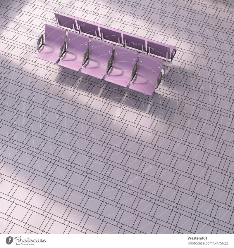 3D rendering, Purple row of seats on tiled floor tiles waiting hall copy space Floor Floors furnishing Furnishings Row Of Seats Row Of Chairs seat row