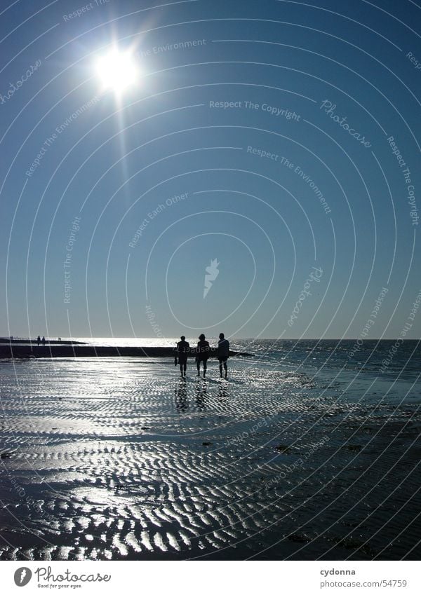 Along the sea Ocean Low tide Mud flats Summer Action Human being Beach Waves Sun North Sea Sky Blue To go for a walk Sand Water Trip