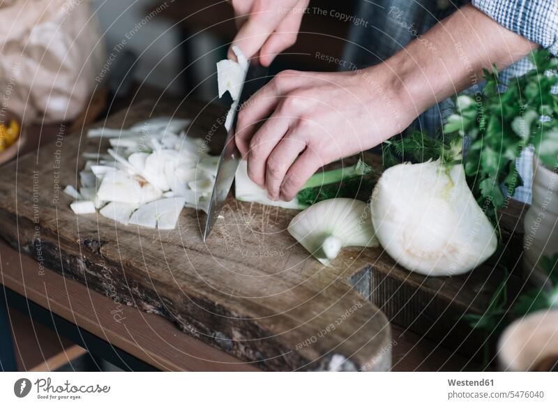 Hands of man cutting fennel on board in kitchen color image colour image indoors indoor shot indoor shots interior interior view Interiors day daylight shot