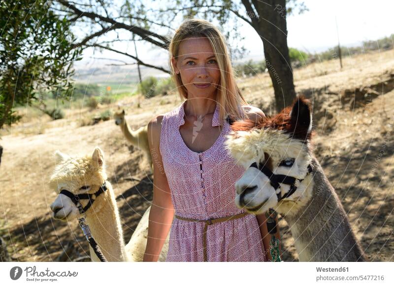 Portrait of smiling blond woman with two leashed alpacas portrait portraits lama pacos blond hair blonde hair smile females women llama llamas Lama glama camel