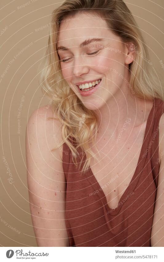 Portrait of happy blond woman wearing with eyes closed human human being human beings humans person persons caucasian appearance caucasian ethnicity european 1