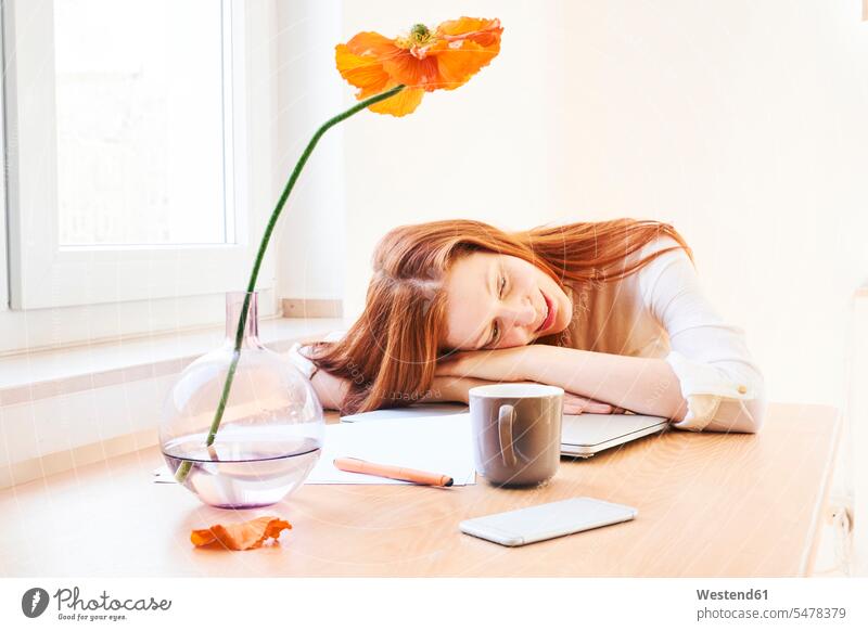 Redheaded woman at home office having a break working from home home business females women redheaded red hair red hairs red-haired working at home