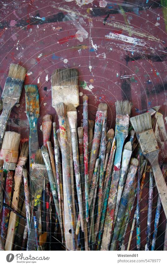 Variety of used paintbrushes variation large group of objects many many objects overhead view top view from above Art And Craft Arts and Crafts Paintbrush