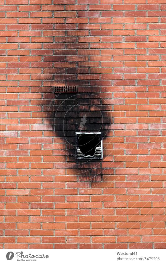 Spain, Burnt window in brick wall windows Part Of partial view smut grime brick walls bricks full frame burnt burned Misfortune Misery day daytime daylight shot