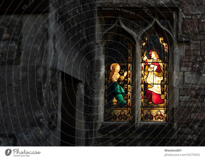 United Kingdom, England, Old Sodbury, Church of Saint John the Baptist, stained-glass window windows copy space Spirituality spiritualism Jesus Christ Artwork