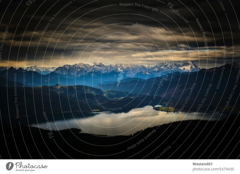 Dark clouds over Lake Walchen at dusk outdoors location shots outdoor shot outdoor shots evening twilight in the evening Late Evening atmosphere rural scene