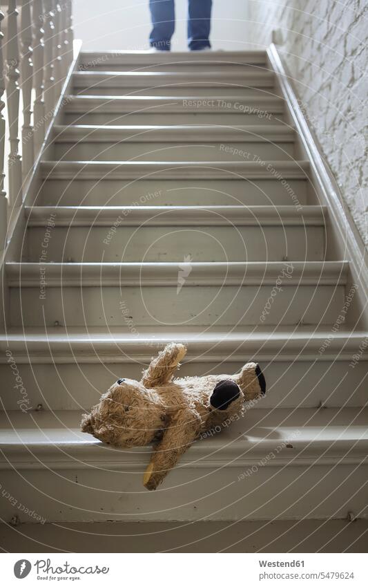 Teddybear on steps while man in background Railing rails Railings loneliness solitude lonely Nostalgia nostalgic copy space childhood Cologne