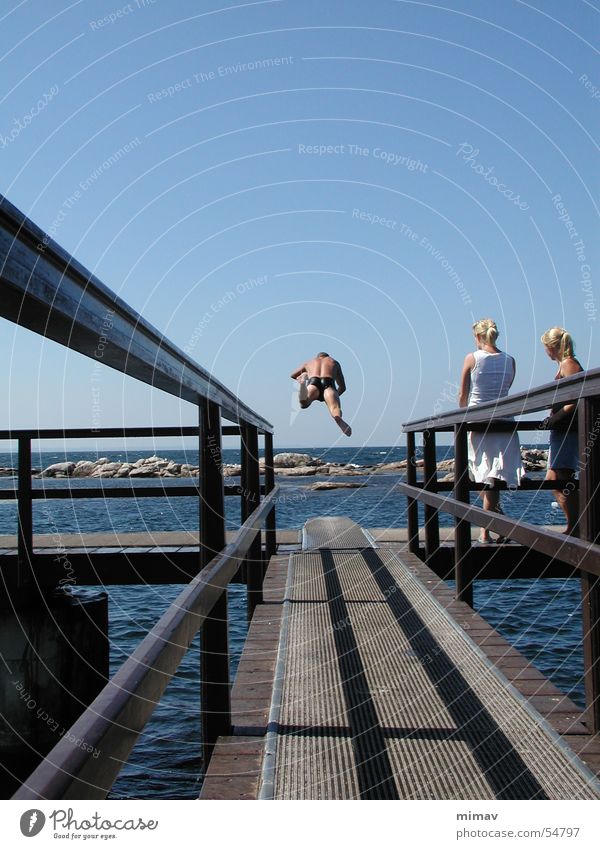 Head jump from behind Ocean Audience Headfirst dive Springboard Bornholm Swimming pool Blonde pea island Aviation Denmark