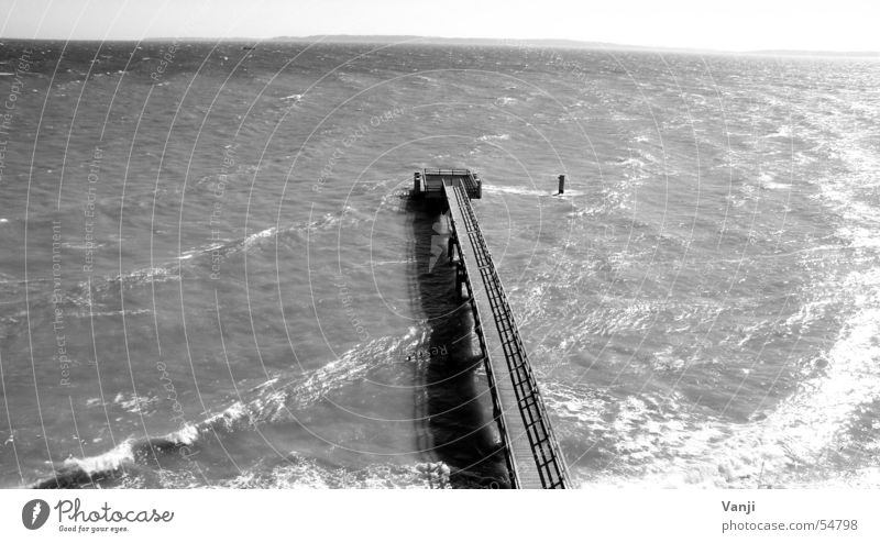 cul-de-sac Ocean Footbridge Wood Sassnitz Terminus No through road Waves Rügen Vacation & Travel Border Bridge Harbour Water Baltic Sea Black & white photo