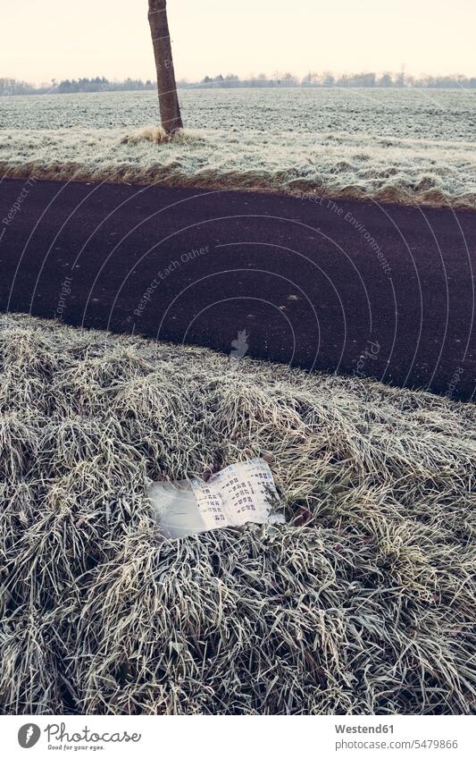 Germany, Baden-Wuerttemberg, Tuebingen, Einsiedel, discarded calendar at roadside ditch street streets frozen outdoors location shot outdoor shots