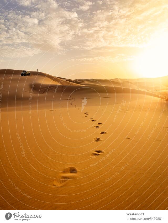 Footprints in desert sand at sunset outdoors location shots outdoor shot outdoor shots sunsets sundown atmosphere Idyllic atmospheric mood moody Vibe