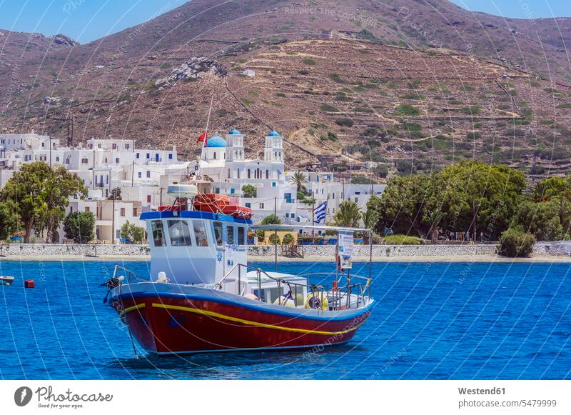 Greece, Amorgos, fishing boat on the sea townscape bay Bay Of Water bays day daylight shot daylight shots day shots daytime View Vista Look-Out outlook building