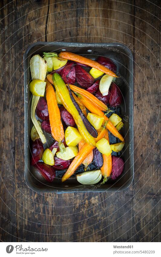 Oven winter vegetables, carrot, beetroot, potato and parsnip in roasting tray Oven vegetables Mediterranean Food Mediterranean Cuisine rich in vitamines