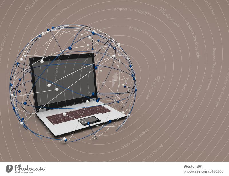 3D Illustration, Laptop in a network technology technologies engineering Connection connected Connections connectivity Mobility mobile Global Business