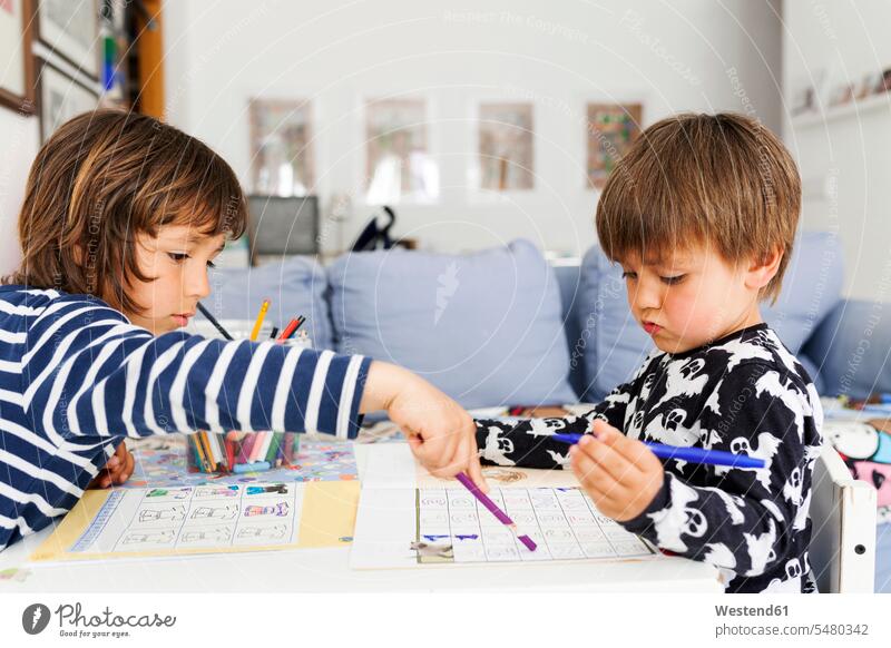 Two little brothers making homeworks paper togetherness leisure activity leisure activities childhood Home work sheet of paper sheets sheets of paper