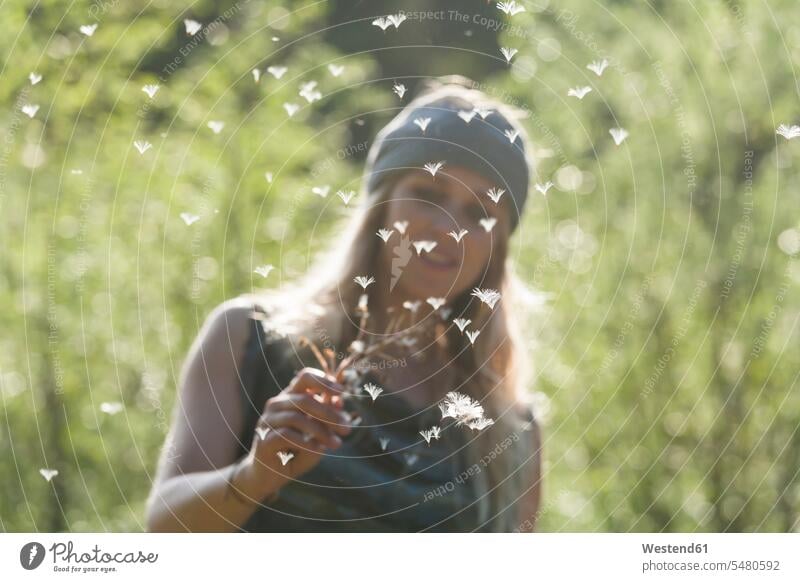 Woman watching flying seeds of an umbel woman females women nature natural world Adults grown-ups grownups adult people persons human being humans human beings