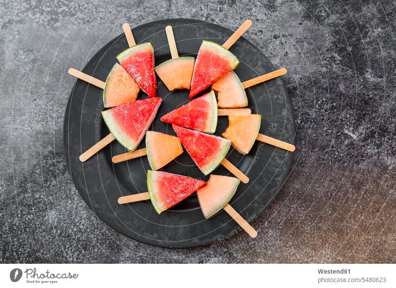 Plate of watermelon and rockmelon popsicles food and drink Nutrition Alimentation Food and Drinks dish dishes Plates Refreshment refreshing copy space summer