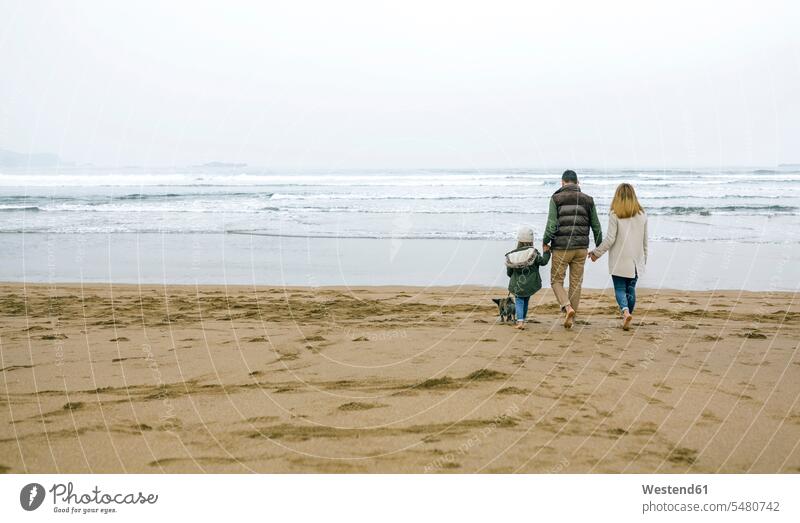 Family walking with dog on the beach in winter family families beaches dogs Canine people persons human being humans human beings pets animal creatures animals