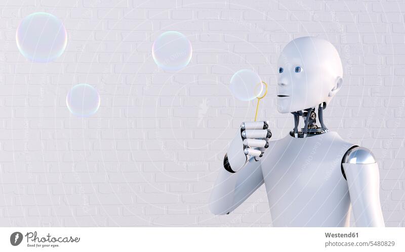Robot blowing soap bubbles, 3d rendering 3D Rendering 3D-Rendering Future Joy enjoyment pleasure Pleasant delight relaxation relaxing brick wall brick walls