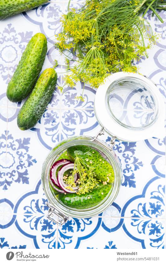 Preserving jar of gherkins and cucumbers food and drink Nutrition Alimentation Food and Drinks green Gherkin Pickled Gherkins homemade home made home-made Glass