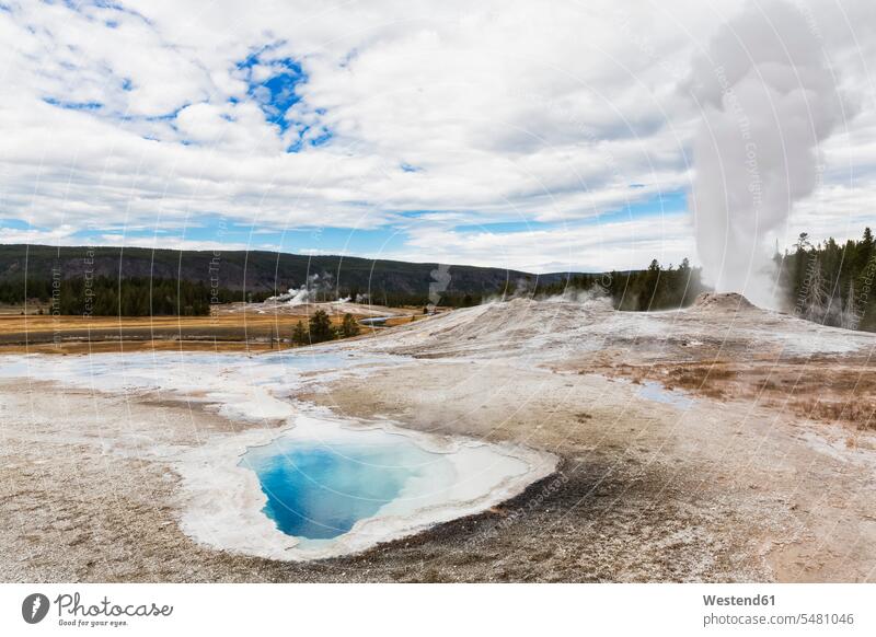 USA, Wyoming, Yellowstone National Park, Heart Spring and Lion Geyser motion Movement moving Upper Geyser Basin geyser geysers autumn fall geology Thermophile