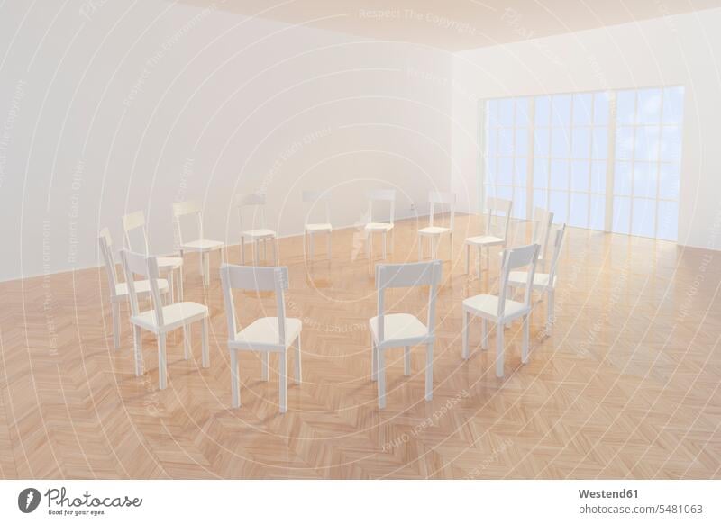 Circle of chairs, 3d Rendering modern contemporary round Absence Absent timber flooring wood floor white 3D three dimensional Three-Dimensional Shape 3-d