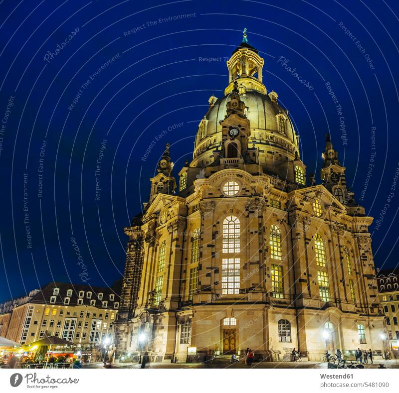 Germany, Saxony, Dresden, Church of Our Lady at night by night nite night photography Blue Hour Dresden Frauenkirche historical illuminated lit lighted