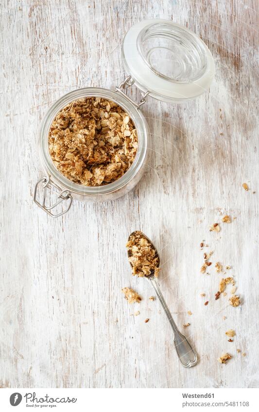 Homemade crunchy muesli, oat, amaranth and linseed overhead view from above top view Overhead Overhead Shot View From Above flax seed healthy eating nutrition