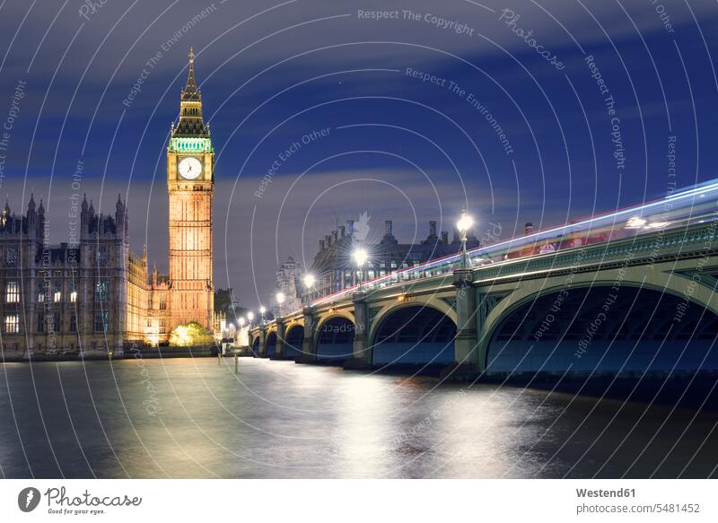 UK, London, River Thames, Big Ben, Houses of Parliament and Westminster Bridge at night evening in the evening bridge bridges urban scene Rivers riverside