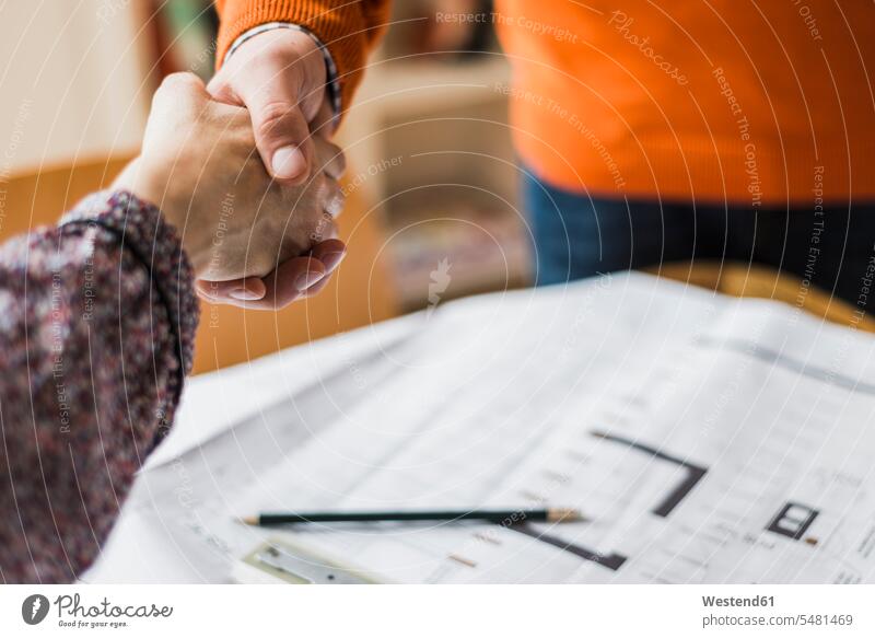 Close-up of man and woman shaking hands above plan caucasian caucasian ethnicity caucasian appearance european indoors indoor shot Interiors indoor shots