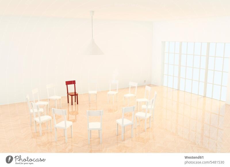 Circle of chairs, one red chair, 3D Rendering modern contemporary Absence Absent timber flooring wood floor white three dimensional Three-Dimensional Shape 3-d