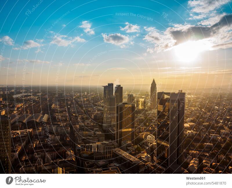 Germany, Frankfurt, city view at sunset seen from above sunsets sundown Travel Frankfurt on Main skyscraper skyscrapers multistory building high rise View Vista